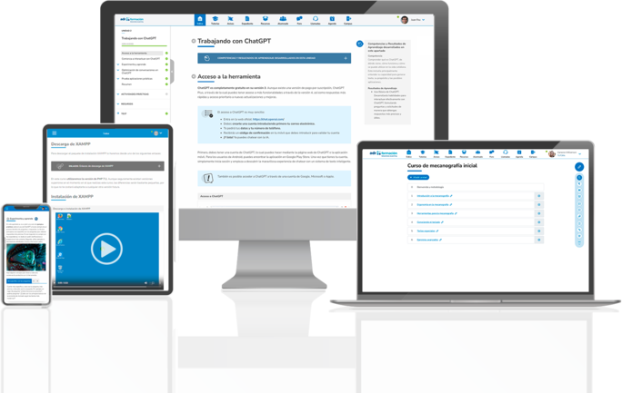 Imagen que muestra, en diferentes dispositivos, la plataforma eLearning eLysa de ADRFormación.